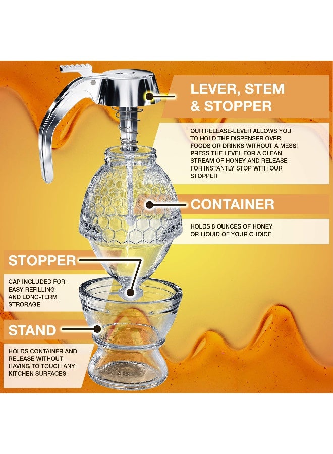 CLEVLI Honey Dispenser - No Drip Glass with Stand - Honey Jar - Clear Glass Honey Container with Dipper 8 Oz - Maple Syrup Dispenser - Honey Pot with Stand - Honey Bottle with Flip Top Lid - Image 3